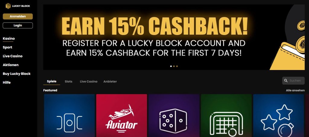 Platz 1: Lucky Block - 15 % Cashback für 7 Tage nach Registrierung